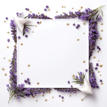 lavender stars frame border with blank space in the middle on white background festive concept celebrations backdrop with copy space for text photo or presentation 