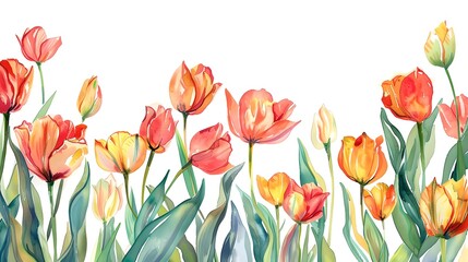 Elegant Watercolor Tulips Blooming on Pure White Background. Perfect for Spring and Mother's Day Greeting Cards. Floral Artistic Design. AI