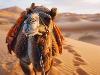 Friendly Camel in the Desert at Sunset
