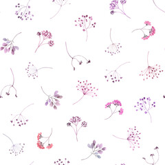 Floral seamless pattern with delicate pink abstract scattered branches, light watercolor isolated illustration for cover, background, wallpaper or textile.