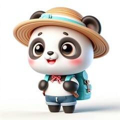 Cute character 3D image of A little panda is wearing a hat and carrying a backpack on the way to school, funny, smile, happy white background