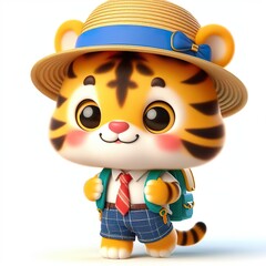 Fototapeta premium Cute character 3D image of A little tiger is wearing a hat and carrying a backpack on the way to school, funny, smile, happy white background