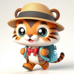 Fototapeta premium Cute character 3D image of A little tiger is wearing a hat and carrying a backpack on the way to school, funny, smile, happy white background