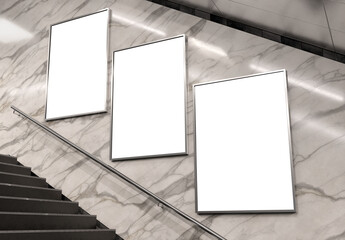 Three vertical billboards on underground subway wall Mockup. Hoardings advertising triptych on train station 3D rendering