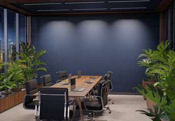 Empty blue office wall mockup at night with modern wooden furnitures and plants. 3D rendering