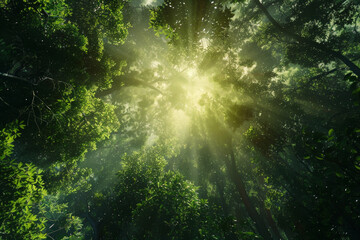 Fisheye lens effect of a forest with light rays