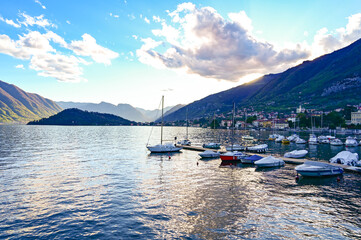 Lake Como, Tremezzo, the marina, the tip of Balbianello and the mountains above. - obrazy, fototapety, plakaty