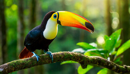 Close-up of a beautiful cute colorful toco toucan (Ramphastos Toco), tropical bird in Brazilian Amazon, standing on a tree branch in the tropical forest. Generative Ai.