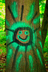 Graffiti, lachende Sonne auf einem Baumstamm