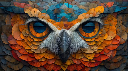 A colorful owl made of paper with a blue eye - obrazy, fototapety, plakaty