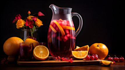 Homemade red wine sangria with orange, apple, strawberry and ice in pitcher and glass on rustic wooden background