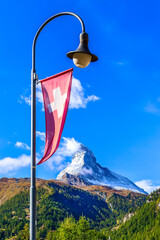 Matterhorn, Swiss flag and street light