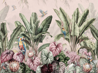 Wallpaper Prints - Tropical Banana Palms In Landscape With Macaws And Butterflies Painted Vintage Style With pink Background .