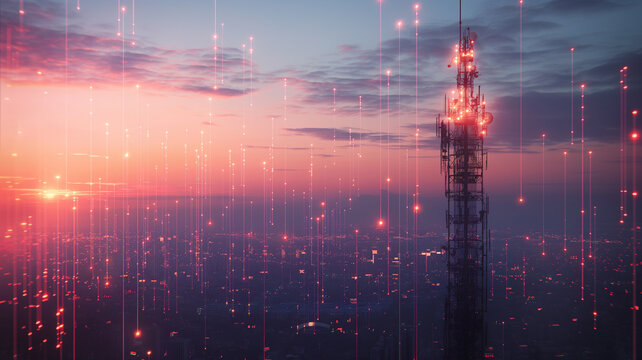 A cityscape with a tower in the background