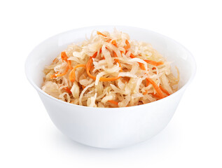 Sauerkraut with carrots in bowl isolated on white background. With clipping path.