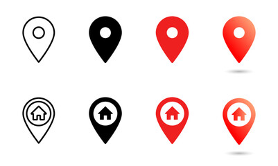 Map pin location vector icon set. Navigation marker and position pointer symbol. Global positioning system sign. Home address geo location illustration isolated.