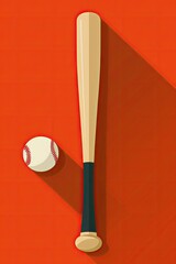 A baseball bat and ball are on a red background - obrazy, fototapety, plakaty