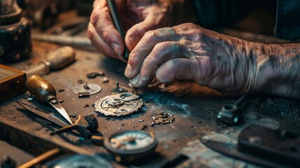A man is working on a piece of jewelry, using a tool to fix it