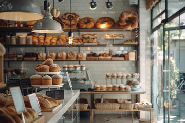 Fototapeta na wymiar A modern bakery shop with sunlight
