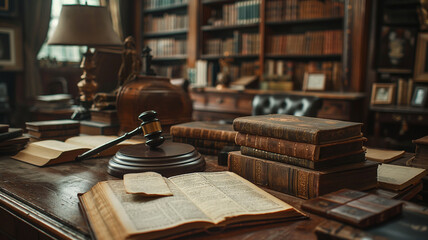 A judge's desk with a gavel and a stack of books - obrazy, fototapety, plakaty