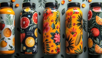 Vibrant fruit juice bottles with tropical designs on a colorful background