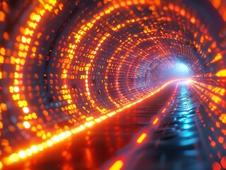 Fototapeta na wymiar Vivid Orange Digital Wave Light Tunnel Background. The essence of motion and technology with a vivid orange digital wave light tunnel effect.