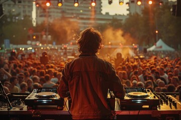 Female Dj Playing Music Set at Outdoor Festival to a Large Crowd at Sunset