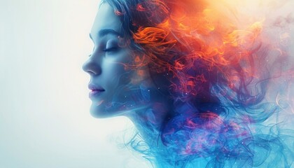 Portrait of a young woman with fire and ice elements in her hair and face.
