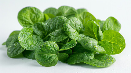 Fototapeta premium Spinach leaves, White background, Healthy lifestyle, Vegetarian food, Fresh produce