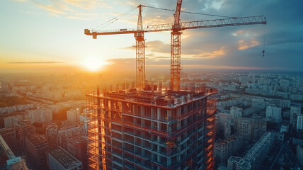 A construction crane is seen in the sky above a city - obrazy, fototapety, plakaty