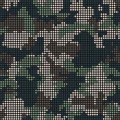 Abstract halftone seamless camouflage, led style texture. Dot pattern in dark khaki green colors, camo digital  background. Vector pixel art wallpaper - 779527224
