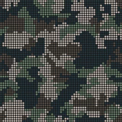 Tuinposter Abstract halftone seamless camouflage, led style texture. Dot pattern in dark khaki green colors, camo digital  background. Vector pixel art wallpaper © Юрий Парменов