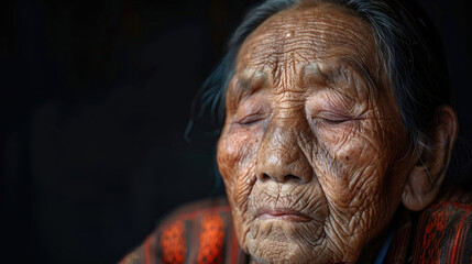 A woman with wrinkles on her face is sitting in a chair
