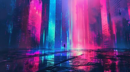 A vibrant cyberpunk-inspired cityscape bathed in neon lights and rain-soaked reflections, creating a moody and futuristic background.
