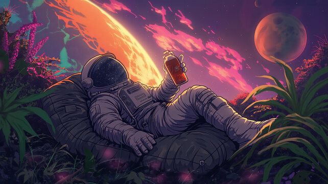 A man in a spacesuit is laying on a bed with a bottle of beer in his hand