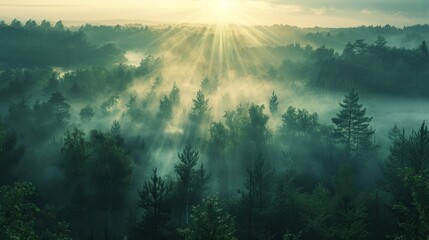 Obraz premium nature background captures a magical sunrise with rays piercing through the mist over a lush green forest, creating a peaceful and revitalizing scene.