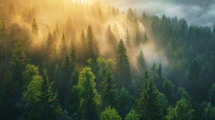 nature background captures a magical sunrise with rays piercing through the mist over a lush green forest, creating a peaceful and revitalizing scene.