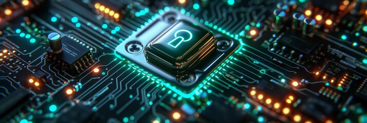 Obraz premium A computer chip with a green and yellow design on it