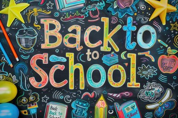 Colorful chalk-drawn back-to-school illustrations with books and stars on blackboard