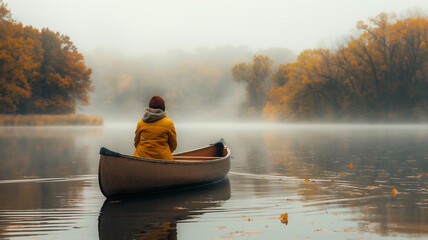 A woman in a yellow jacket is sitting in a canoe on a lake - obrazy, fototapety, plakaty
