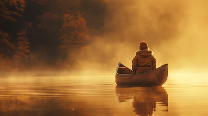 A person is sitting in a canoe on a lake