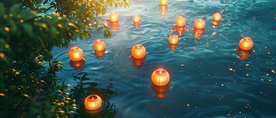 Calm nature scene floating lanterns symbolizing letting go of stress and negativity for peace of mind