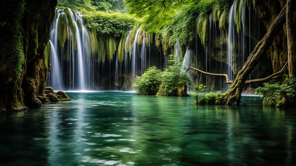 waterfall in forest.