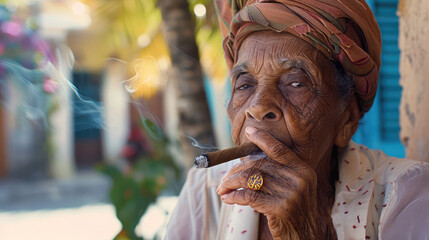 Old cuban woman smoking cigar portrait