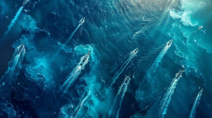 An aerial view of a fleet of military ships in formation, navigating through deep blue sea waters under a clear sky.