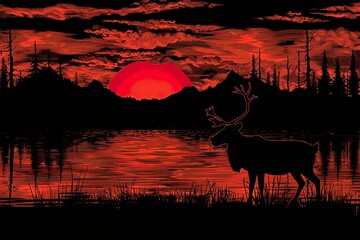 beautiful wildlife landscape with reindeer lake mountains and forest at sunset 