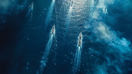 An aerial view of a fleet of military ships in formation, navigating through deep blue sea waters under a clear sky. - obrazy, fototapety, plakaty