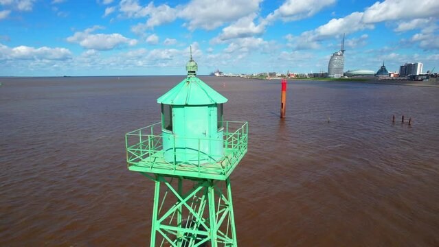 Bremerhaven lighthouse - starboard fire Geestemole south - left rising circling distant aerial view