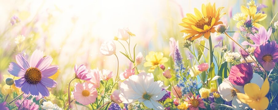 Colorful spring flowers in a bouquet on blurred background with copy space, banner design. 
