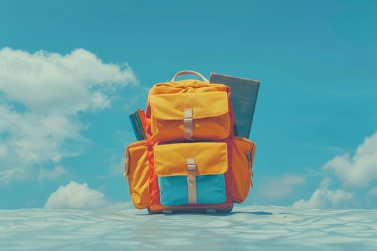 A vibrant and cheerful image of a yellow school backpack with colorful supplies, staged against a teal backdrop, embodying the excitement of educational endeavors.